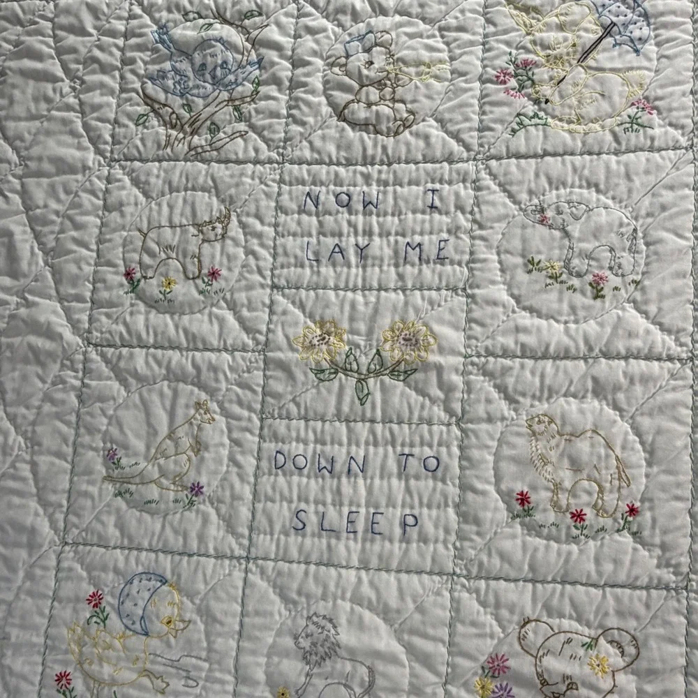 Vintage Precious Moments Baby Quilt Now I Lay Me Down To Sleep Embroidered White